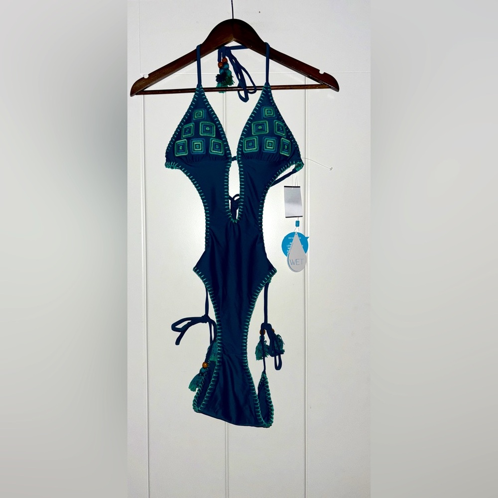 Wet Mono Maillot‎ Halter One Piece Swimsuit Green New Size XS Tropical Beach